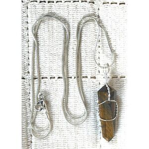 Tigers Eye Crystal Point Wire Wrapped Pendant 925 Sterling Silver Snake Chain